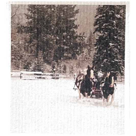 Swedish dishcloth with horse drawn sleigh and winter scene, sepia in colour photo print design