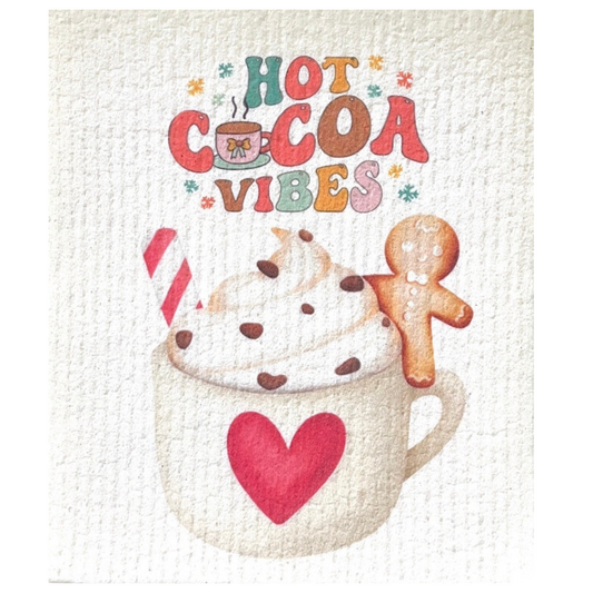 Swedish dishcoth hot cocoa vibes, festive mug with gingerbread man cookie, whipped cream, chocolate heart bits and candy cane stick garnish print design